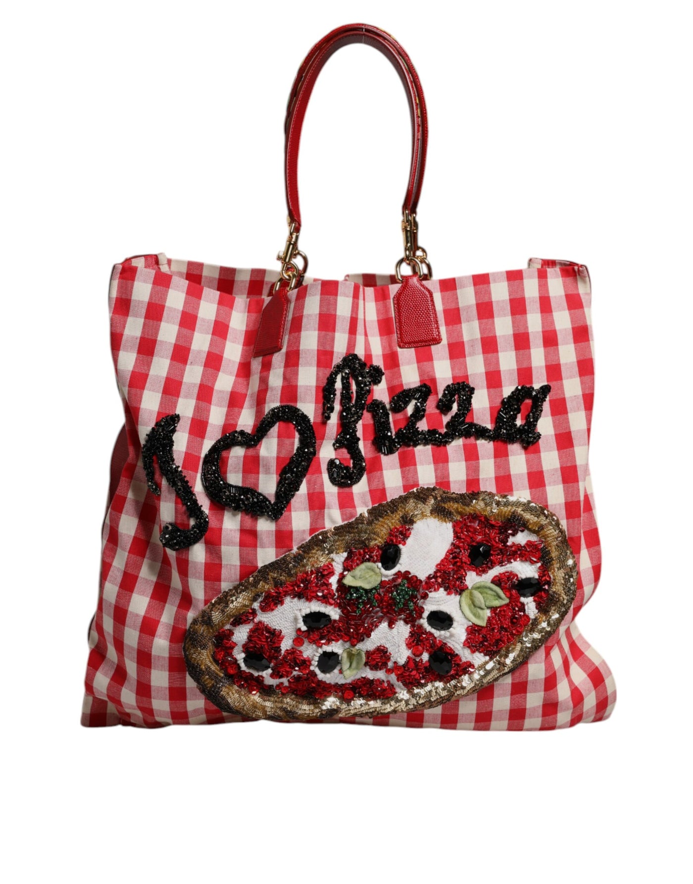 Dolce & Gabbana Red I Love Pizza Rhinestone Embellished Tote Bag