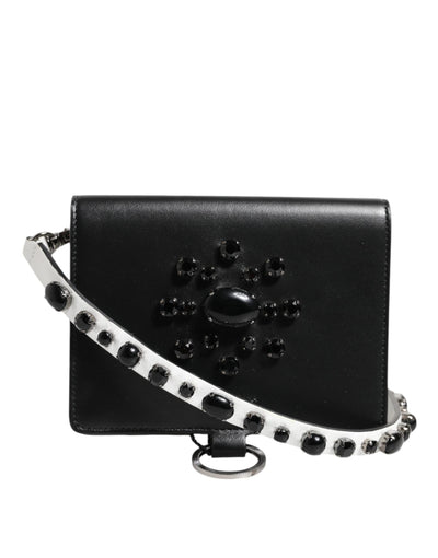 Dolce & Gabbana Black Leather Crystal Embellished Card Holder Wallet