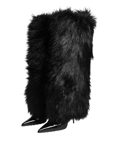 Dolce & Gabbana Black Faux Fur Pointed Knee High Stiletto Boots Shoes