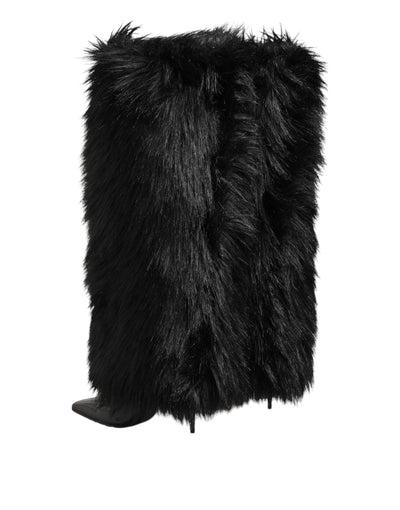 Dolce & Gabbana Black Faux Fur Pointed Knee High Stiletto Boots Shoes
