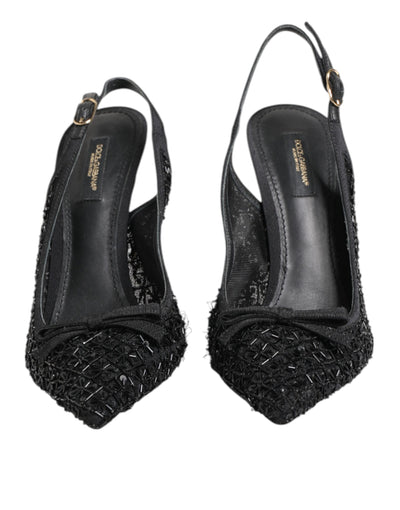 Dolce & Gabbana Black Tulle Ricamo Heels Slingbacks Shoes