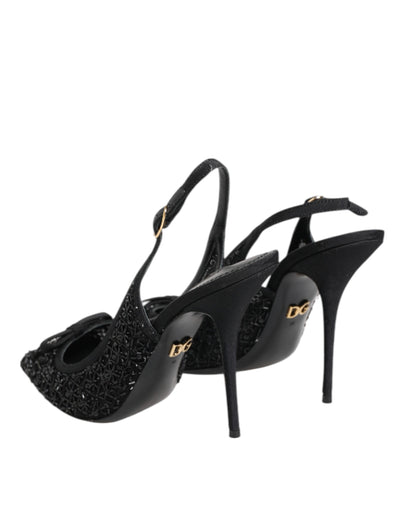 Dolce & Gabbana Black Tulle Ricamo Heels Slingbacks Shoes
