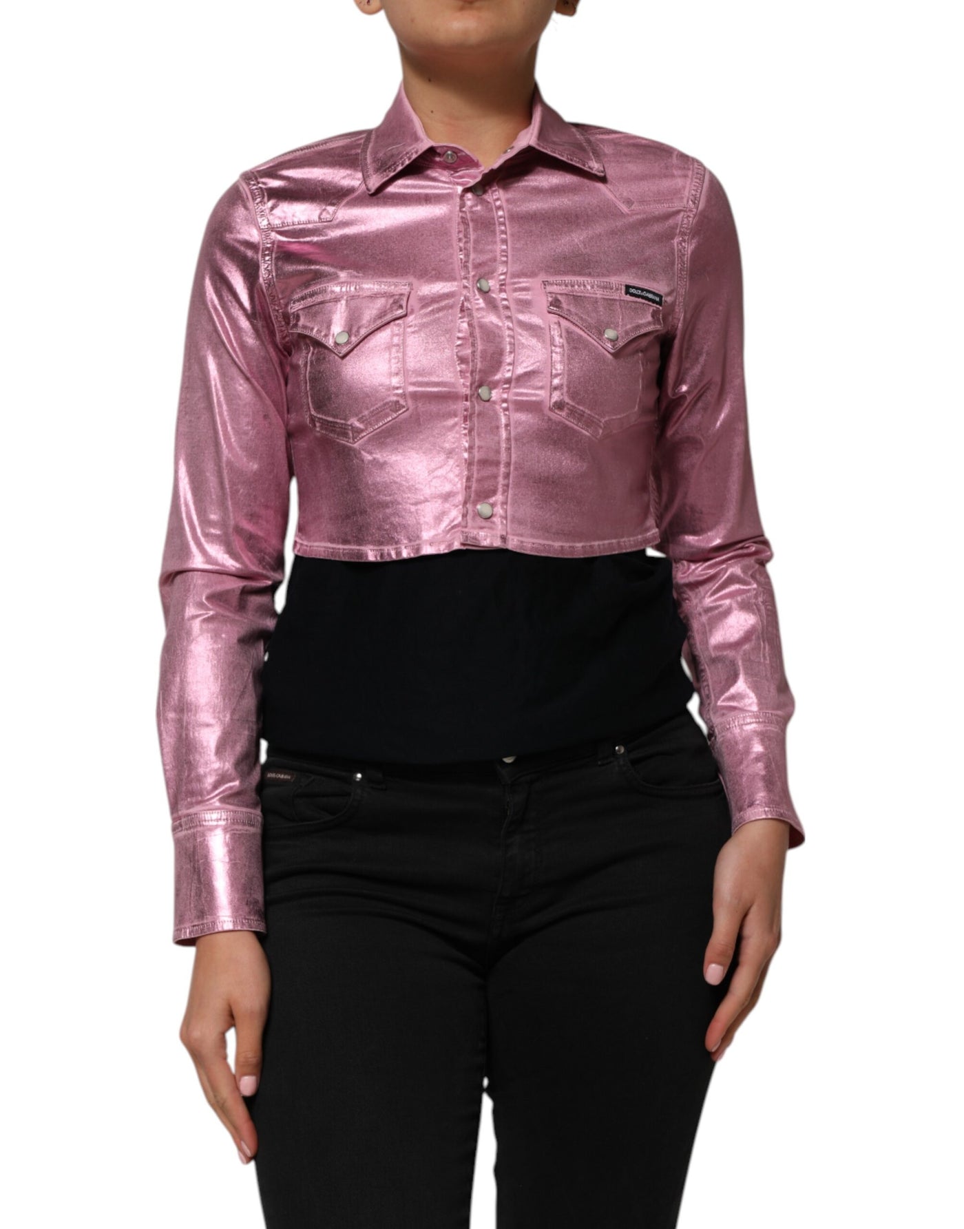 Dolce & Gabbana Pink Cotton Stretch Collared Cropped Jacket