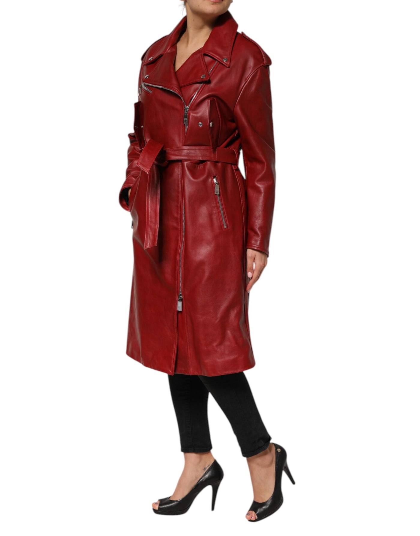 Dolce & Gabbana Red Leather Belted Full Zip Trench Coat Jacket