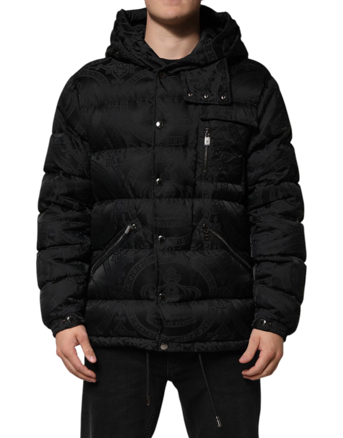 Dolce & Gabbana Black Jacquard Quilted Puffer Hooded Jacket