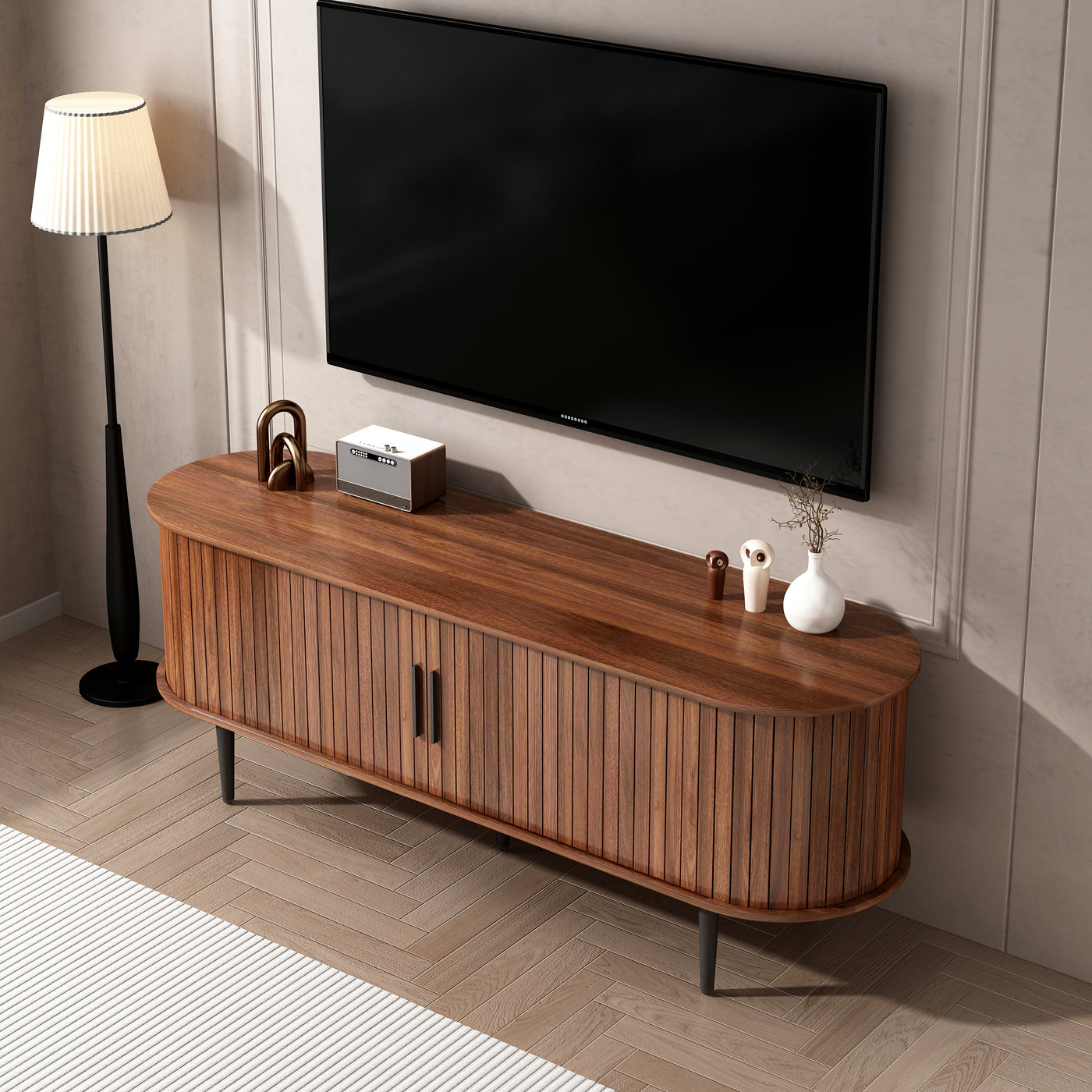 TV Stand, 55' Modern TV Console Table with Storage Compartment and Sliding Door, Gaming Entertainment Center with Cabinet for Living Room, Bedroom, Office (Walnut) BACK-TO-SCHOOL