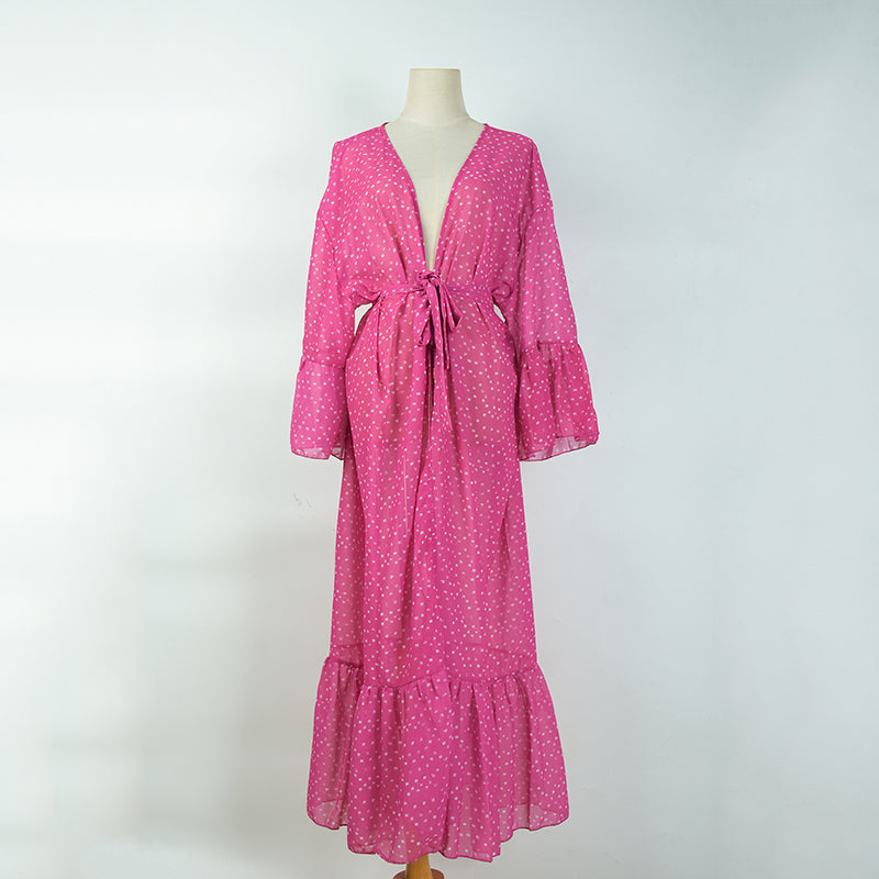 Rose Red White Dot Mid-Length Chiffon Cardigan Beach Jacket Swimsuit Outwear Bikini Sun Protective Blouse