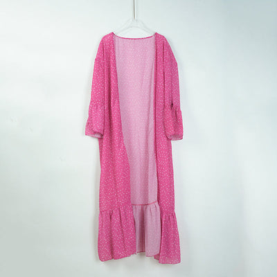 Rose Red White Dot Mid-Length Chiffon Cardigan Beach Jacket Swimsuit Outwear Bikini Sun Protective Blouse