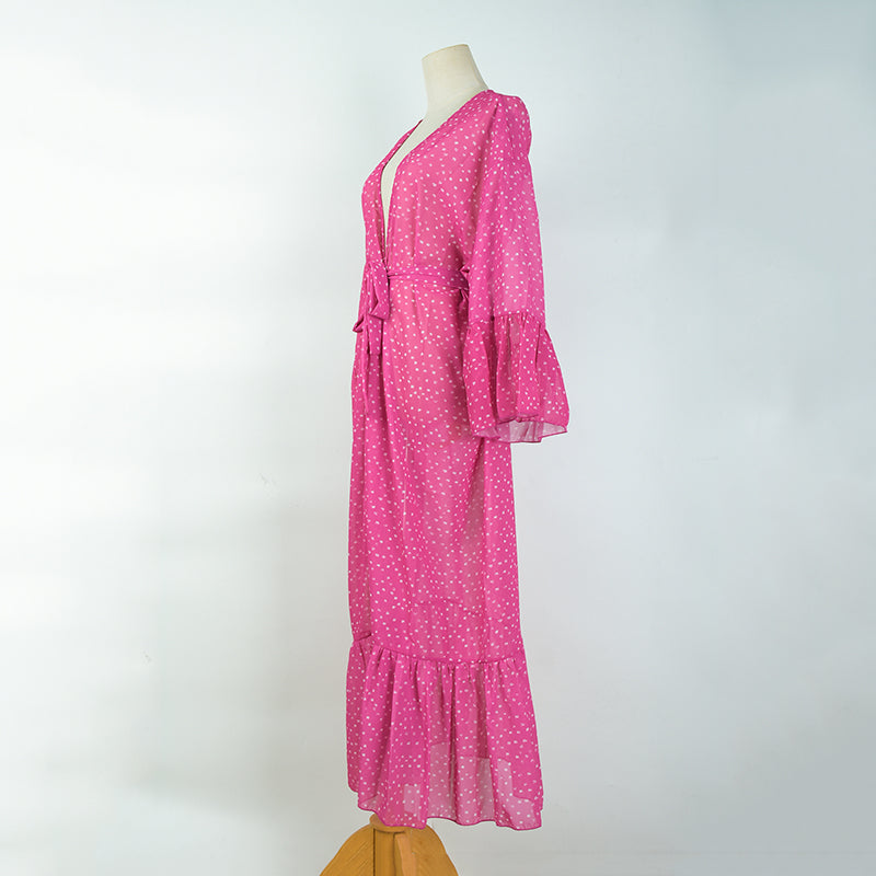 Rose Red White Dot Mid-Length Chiffon Cardigan Beach Jacket Swimsuit Outwear Bikini Sun Protective Blouse