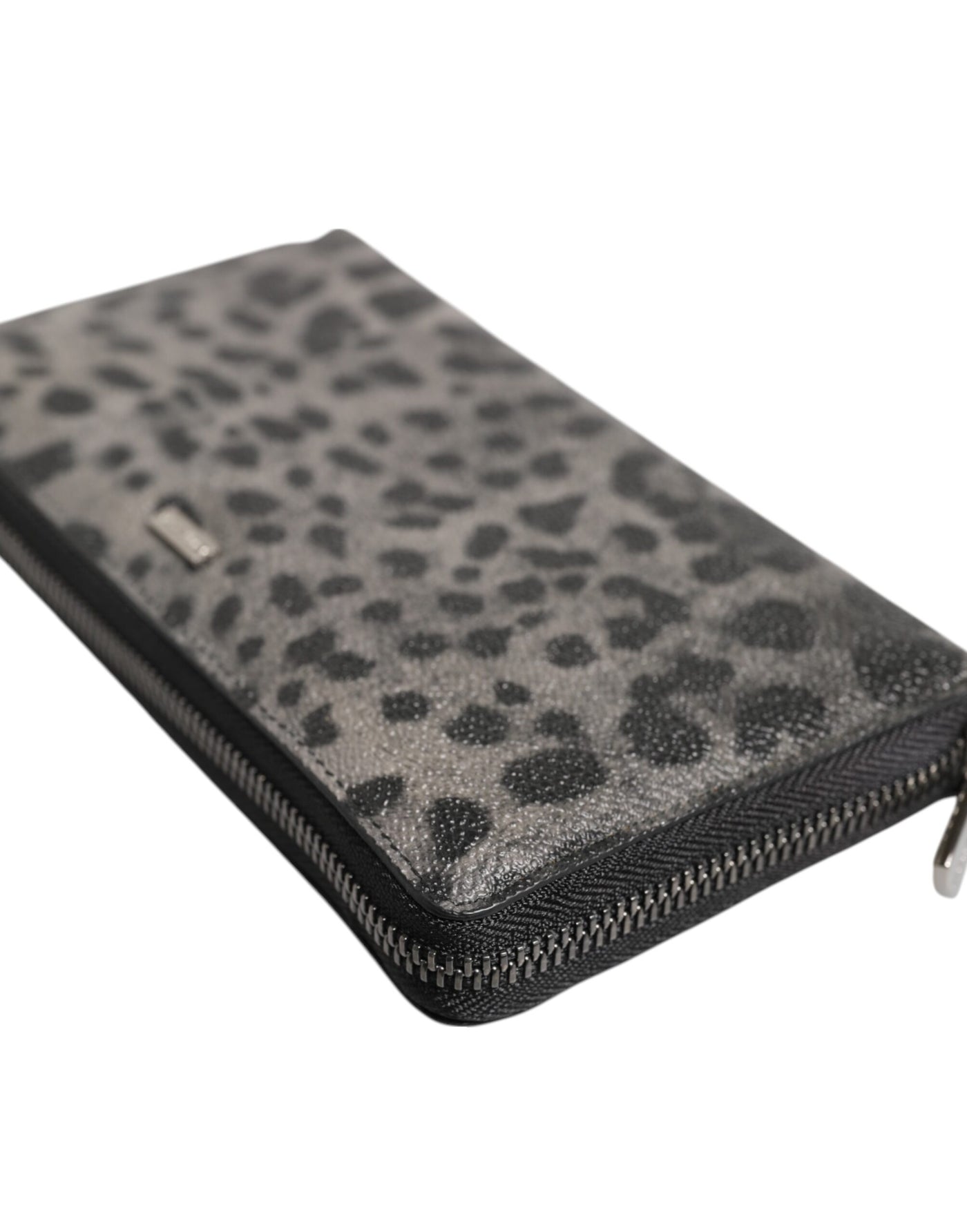 Dolce & Gabbana Black Gray Leopard Leather Zip Around Continental Wallet