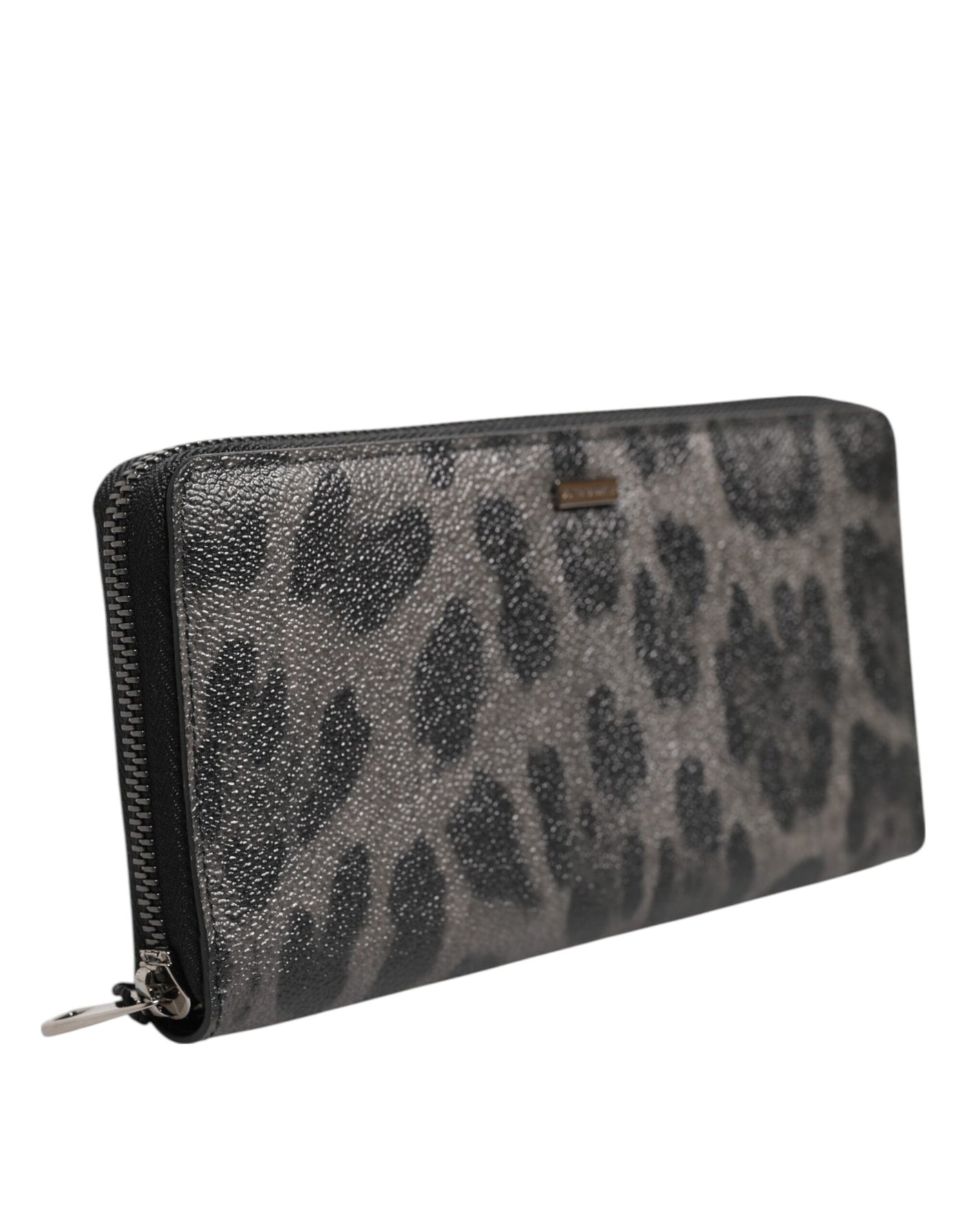 Dolce & Gabbana Black Gray Leopard Leather Zip Around Continental Wallet