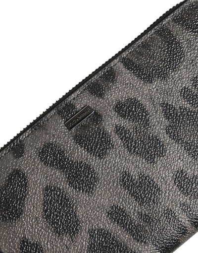 Dolce & Gabbana Black Gray Leopard Leather Zip Around Continental Wallet