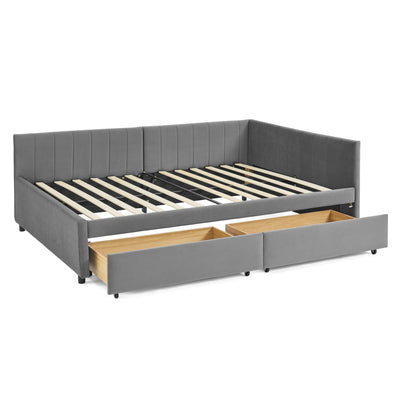 Full Size Upholstered Tufted Bed Frame with Two Drawers, Sofa Bed Frame with Comfortable Backrest and Armrests, Velvet, Grey(79.5''x58''x25'')