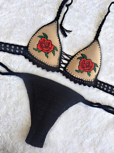 Bikini Crochet Embroidery Rose Women Swimsuit High Elastic Embroidered Split Swimsuit Bikini