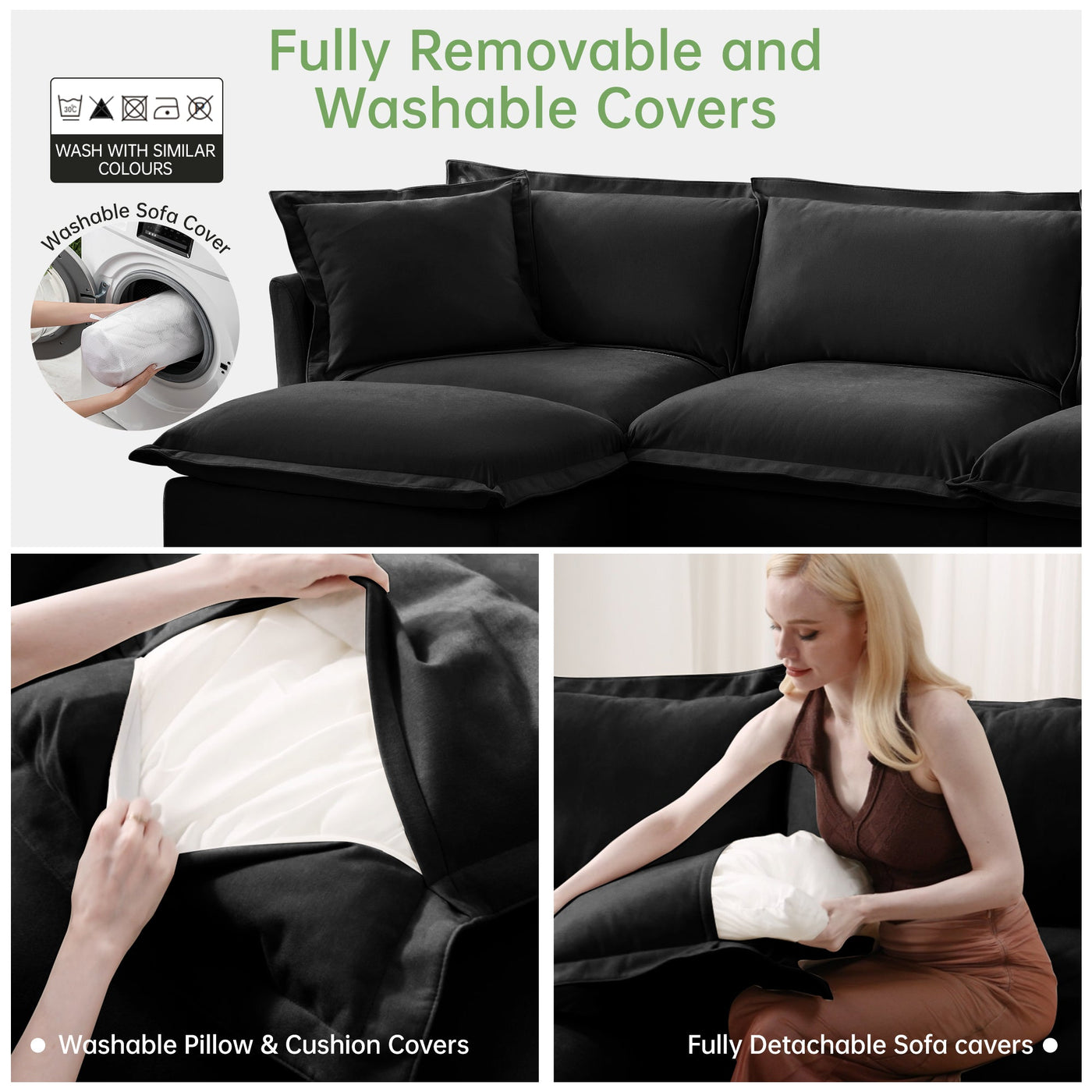 Slipcovered U Shape Sectional Wide and Deep Seat Sofa Couch, 4 Seater Sofa with French Edges Design Multiple Big Pillows, Soft Deep Seat Comfy Cloud Couch for Living Room, Apartment, Chenille Fabric