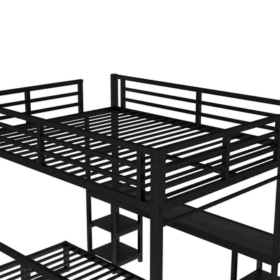 Queen Over Twin XL Metal Bunk Bed/Loft Bed with Desk and Shelves, Multiple Uses Folds into Sofa with LED and USB, Black