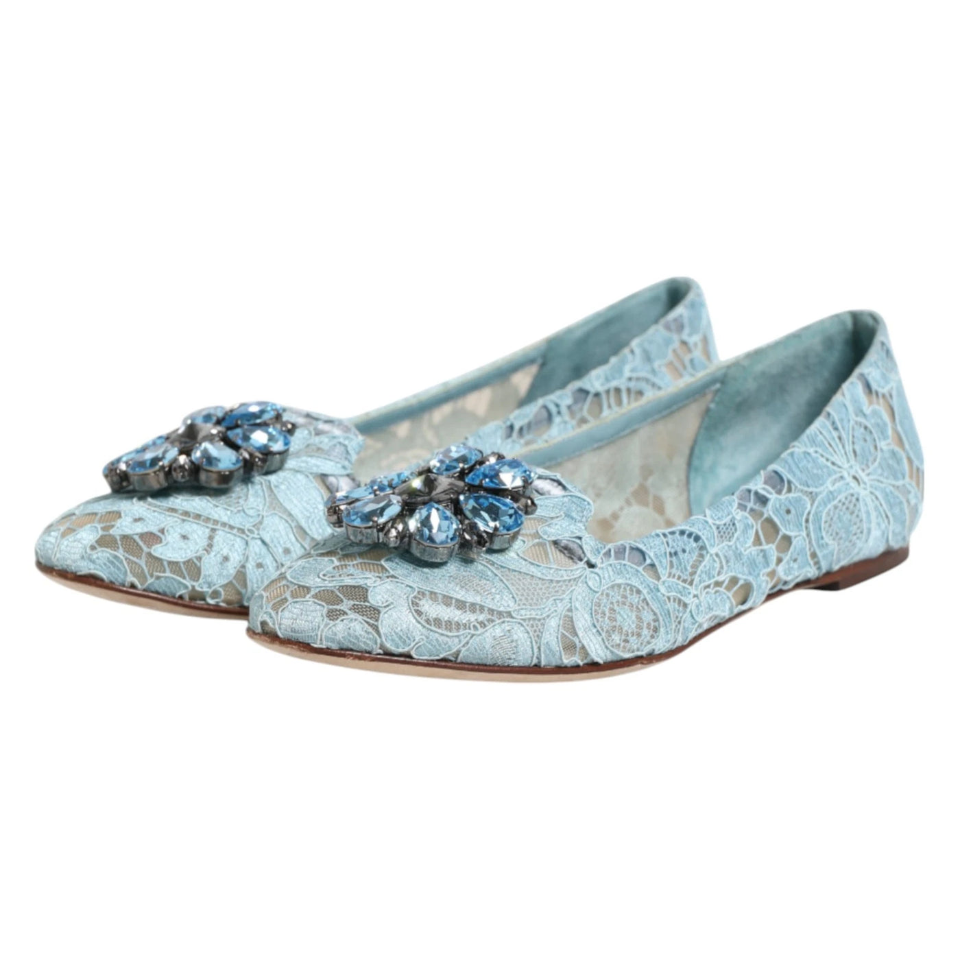 Dolce & Gabbana Blue Lace Crystal Ballet Flats Loafers Shoes