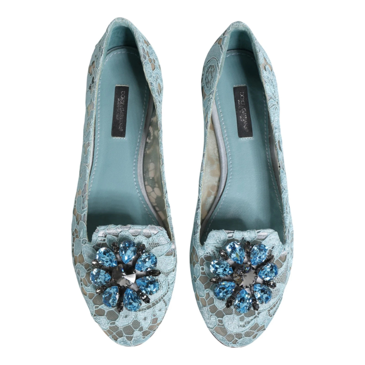 Dolce & Gabbana Blue Lace Crystal Ballet Flats Loafers Shoes