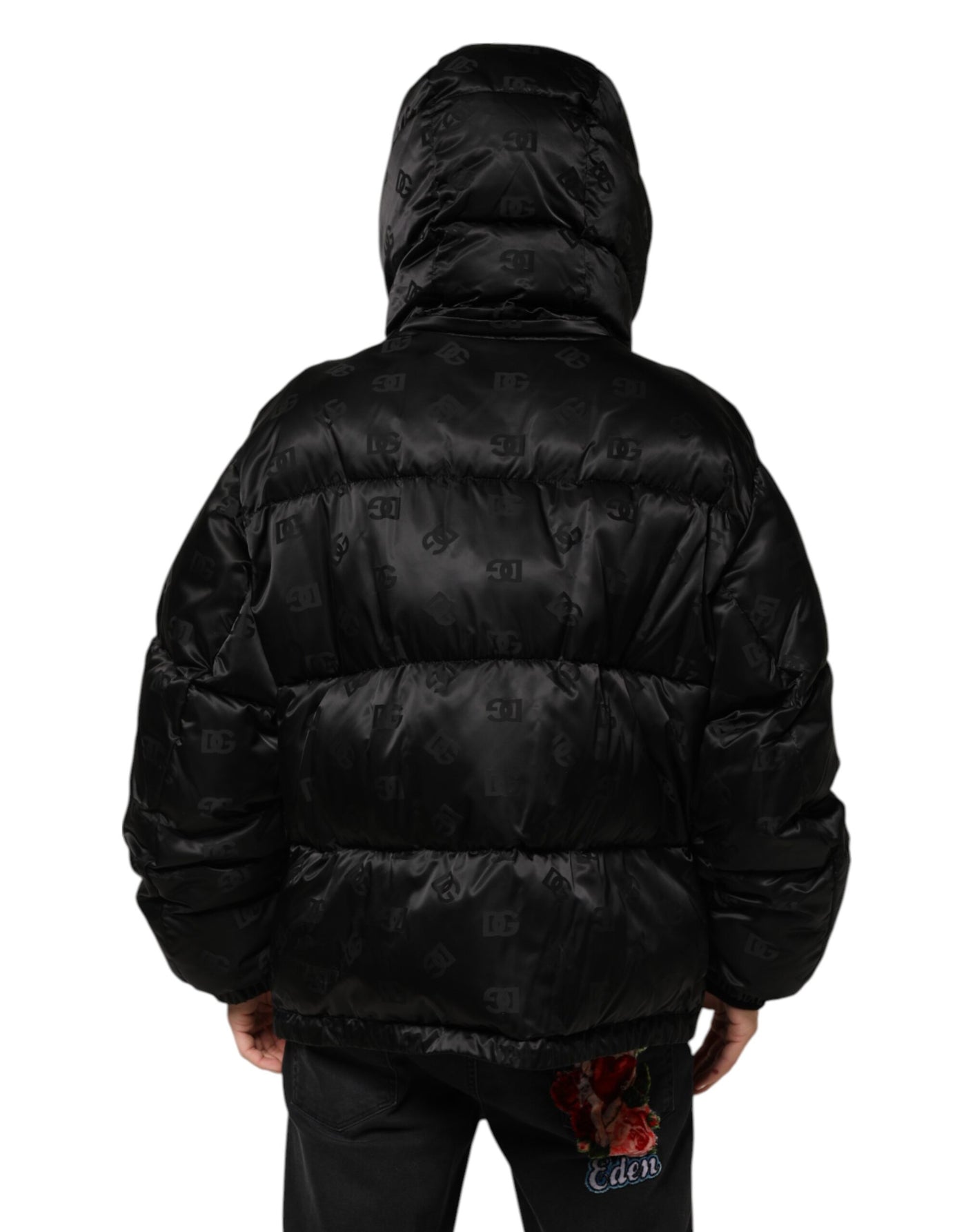 Dolce & Gabbana Black Monogram Logo Puffer Nylon Hooded Jacket