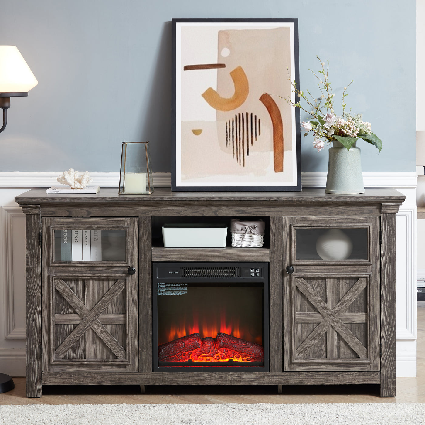 2 Doors Cabinet Farmhouse  Cabinet, Farmhouse TV Stand Barn Design,Farmhouse TV Media Stand, Large Barn Inspired Home Entertainment Console with 18' fireplace insert,GREY, 60.23'W*15.35'D*31.7'H