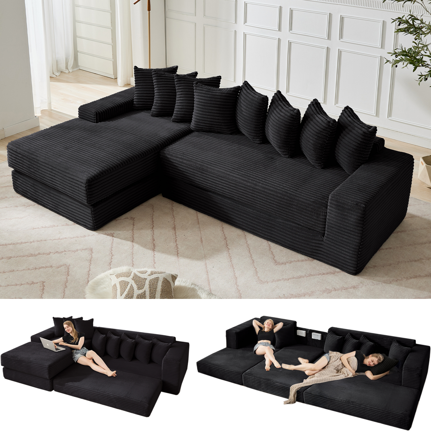 [NEW ARRIVED] [VIDEO PROVIDED] Oversize Cloud Sectional Couch, L-Shape Sofa, Convertible Floor Sleeper Sofa Bed, No Assembly ,Eight pillows,3-in-1,Side Pocket,(Left Facing Sofa),3 Seat,Corduroy,Black