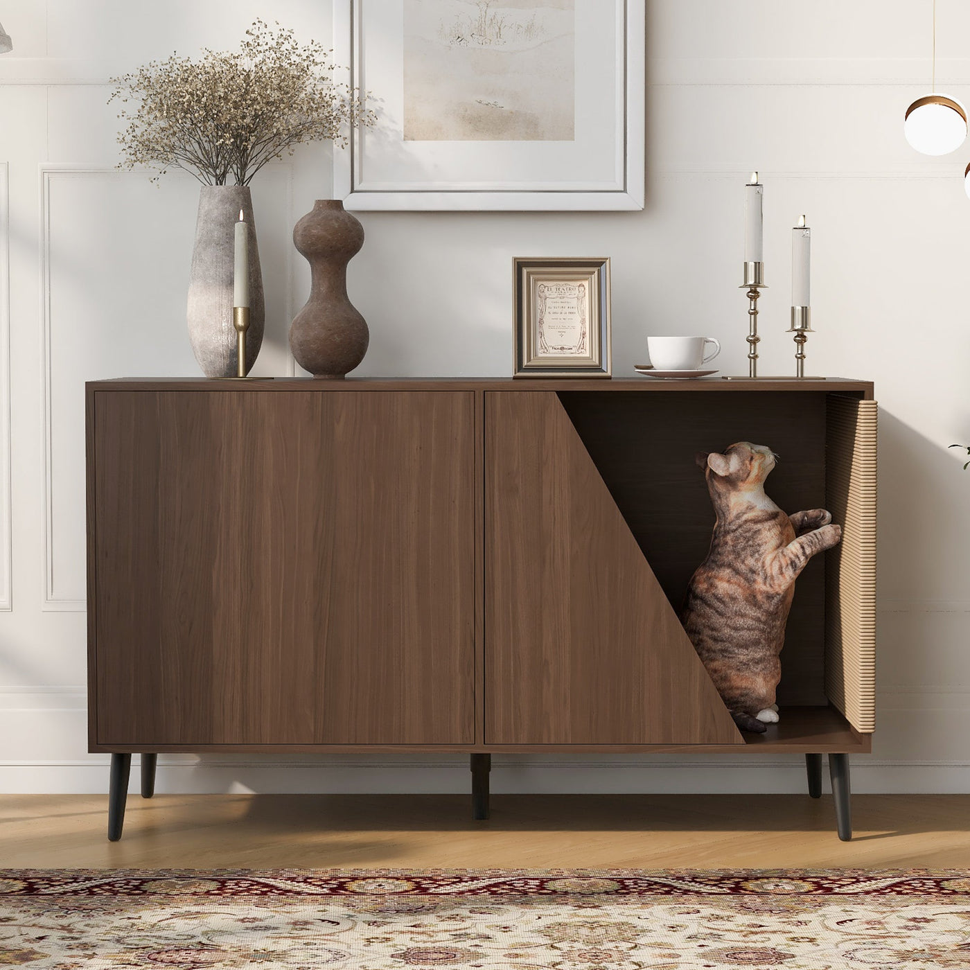 Furniture Style 2 in 1 Mid-century Modern Walnut Cabinet Side Table Design With Spring-loaded door Storage
