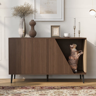 Furniture Style 2 in 1 Mid-century Modern Walnut Cabinet Side Table Design With Spring-loaded door Storage