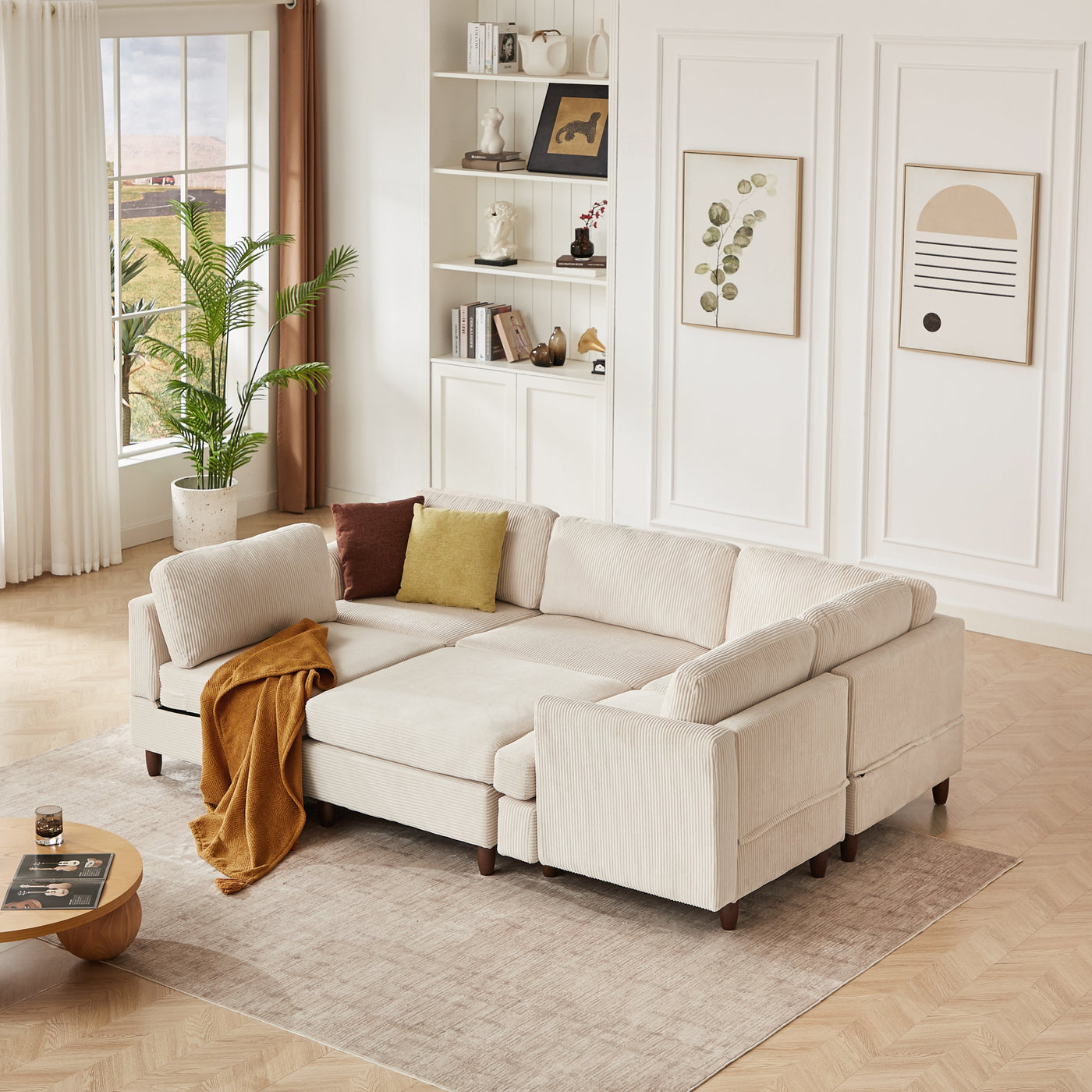 Modern Modular Sectional couch,6 Seaters Sleeper Sofa Upholstered Corduroy Free Combination Sofa(Beige)