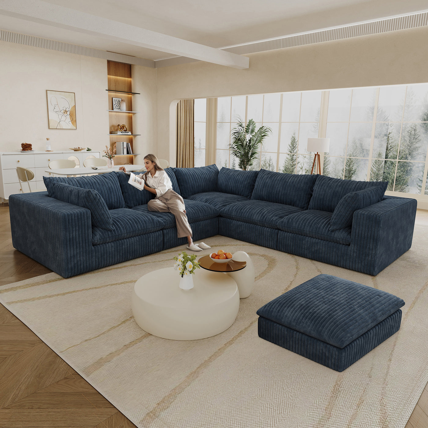 118.2' Cloud Sofa,Corduroy Fabric,Deep Seat Couches,Double-layer design,Removable Cushion,No Assembly, DIY Combination for Living room, Bedroom,Conference room ,Apartment,Blue