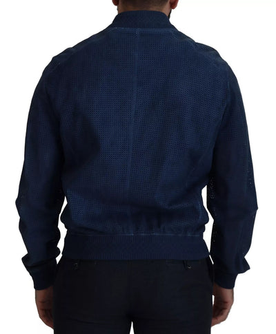 Dolce & Gabbana Blue Leather Perforated Full Zip Jacket