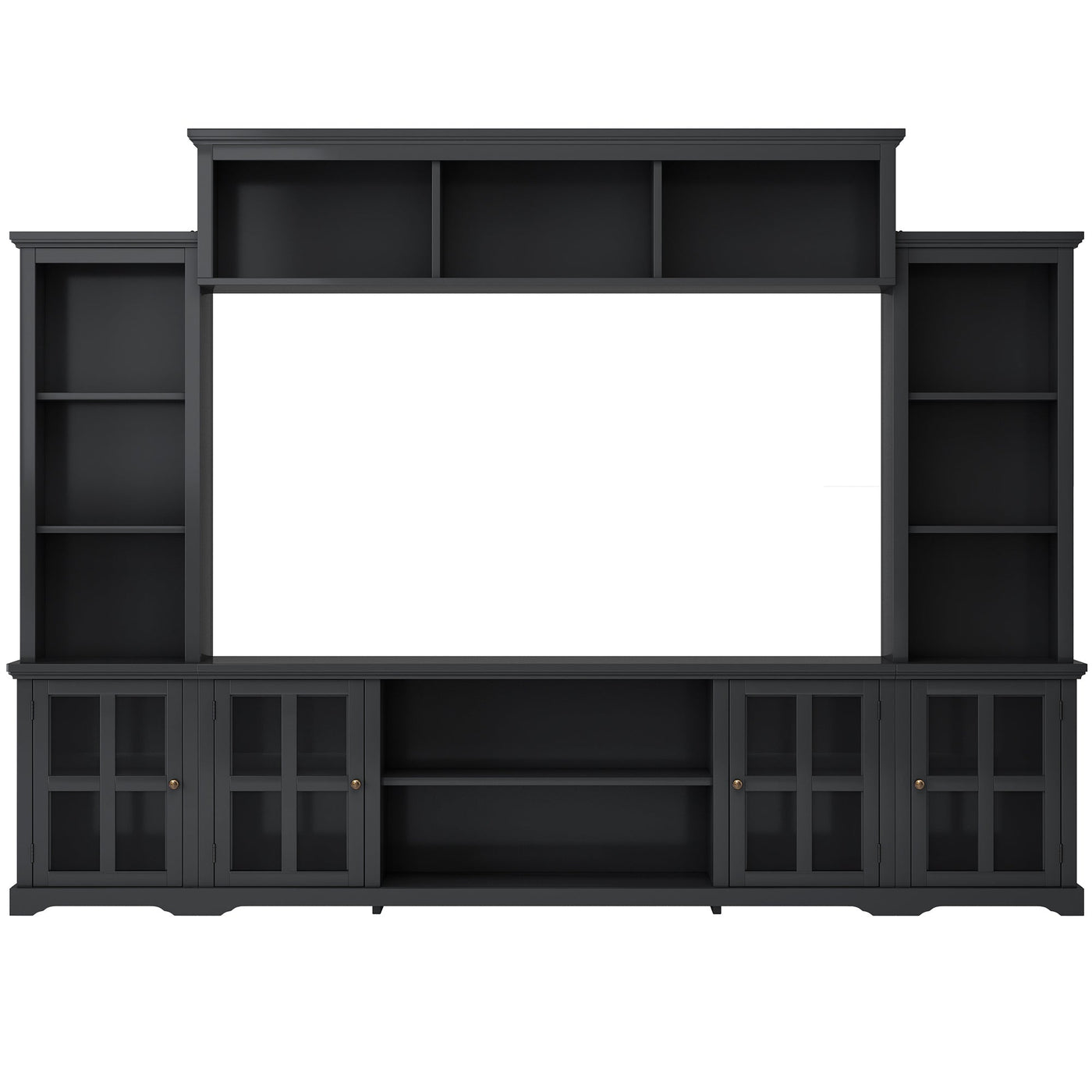 [VIDEO provided] ON-TREND Minimalism Entertainment Wall Unit with Bridge, Modern TV Console Table for TVs Up to 70', Multifunctional TV Stand with Tempered Glass Door, Black (Old SKU: SD000009AAB)