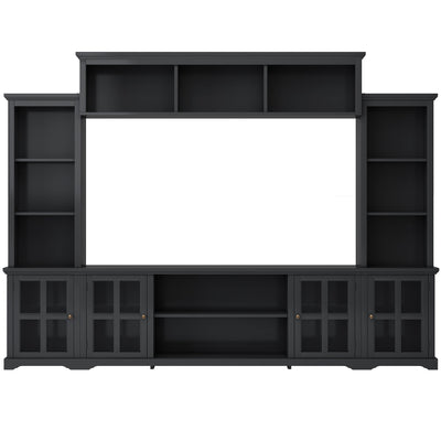 [VIDEO provided] ON-TREND Minimalism Entertainment Wall Unit with Bridge, Modern TV Console Table for TVs Up to 70', Multifunctional TV Stand with Tempered Glass Door, Black (Old SKU: SD000009AAB)