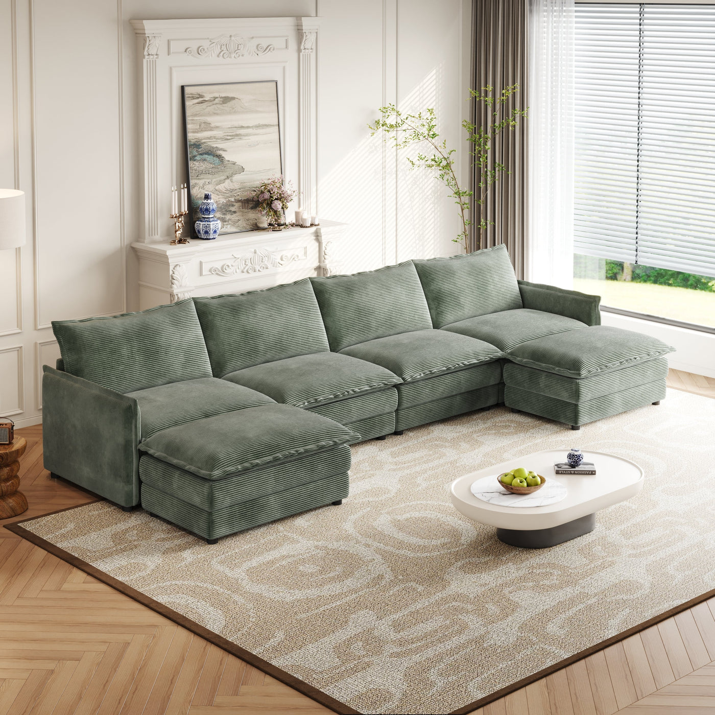 Corduroy Fabric 4-Seater Comfy Cloud Couch with 2 Movable Footrest for Living Room,Oversized Deep Seat U-Shaped Couch Set, Upholstered Large Size Deep Seat Sofa with 4 cushions
