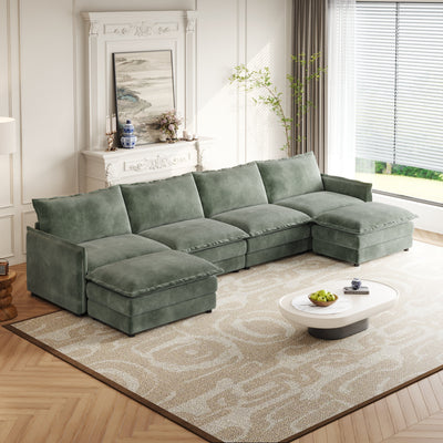Corduroy Fabric 4-Seater Comfy Cloud Couch with 2 Movable Footrest for Living Room,Oversized Deep Seat U-Shaped Couch Set, Upholstered Large Size Deep Seat Sofa with 4 cushions