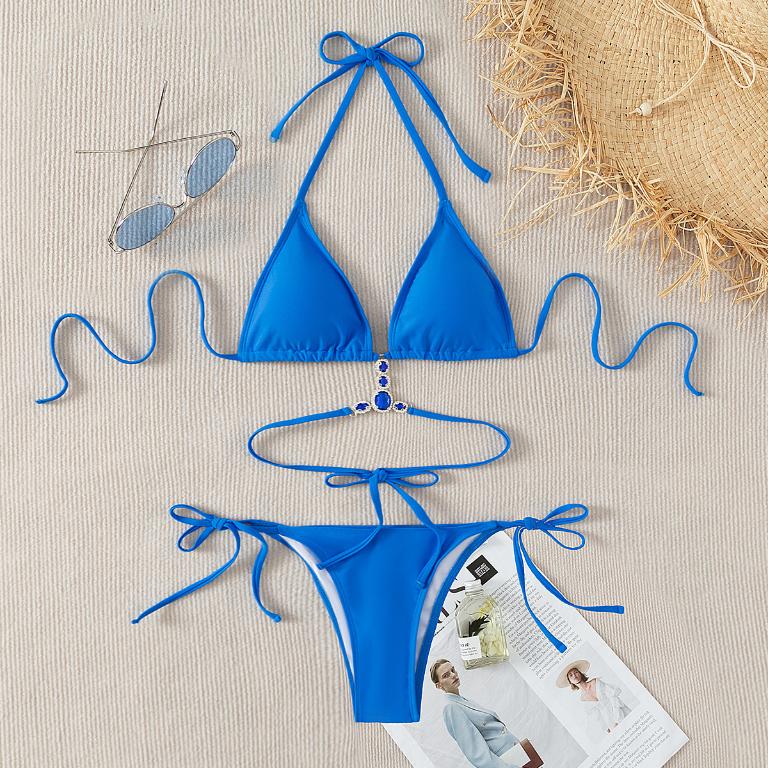 Triangle Micro Swimwear Solid Bikini Set Diamond Swimsuit Women Swimming Suit String High Cut Bathing Suit Halter Beach Wear