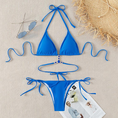 Triangle Micro Swimwear Solid Bikini Set Diamond Swimsuit Women Swimming Suit String High Cut Bathing Suit Halter Beach Wear