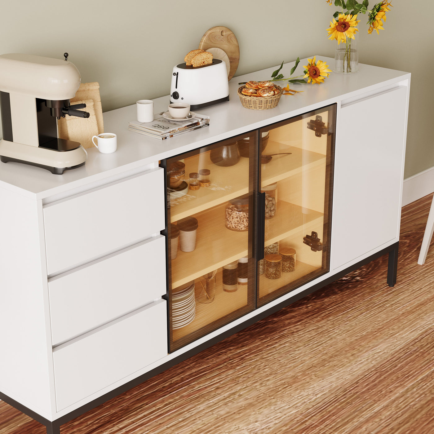 Buffet cabinet with storage, kitchen side panel storage room with doors and 3 drawers, pantry cabinet display rack, console, dining table manager furniture, living room dining room white