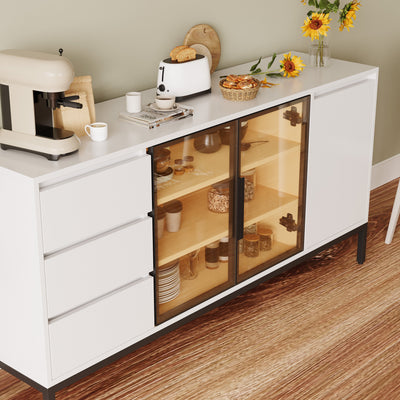 Buffet cabinet with storage, kitchen side panel storage room with doors and 3 drawers, pantry cabinet display rack, console, dining table manager furniture, living room dining room white