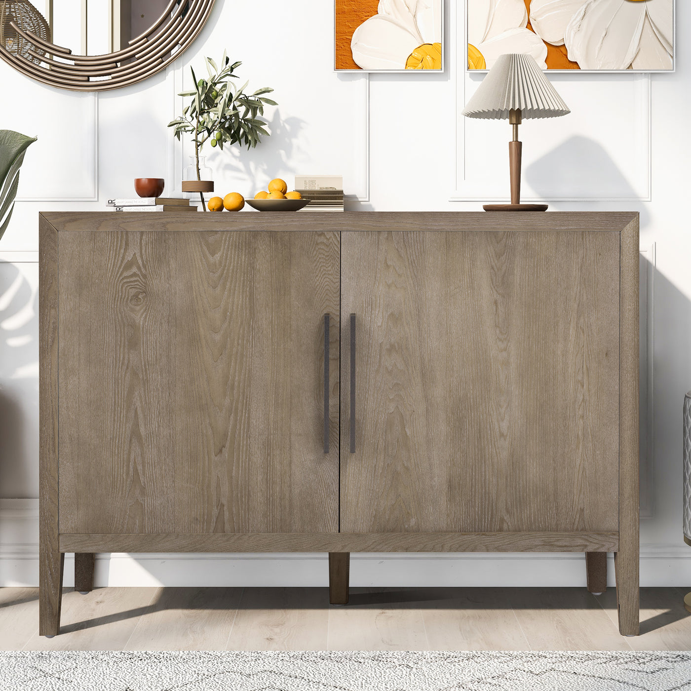 U_STYLE 47.2-Inch Farmhouse Sideboard with Ash Veneer and 2 Doors, Retro Buffet with 3-Tier Shelves and Adjustable Feet, Minimalist Wooden Storage Cabinet with Iron Handles for Living Room, Kitchen
