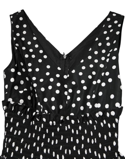 Dolce & Gabbana Black White Cotton Polka Dot Print V Neck Dress