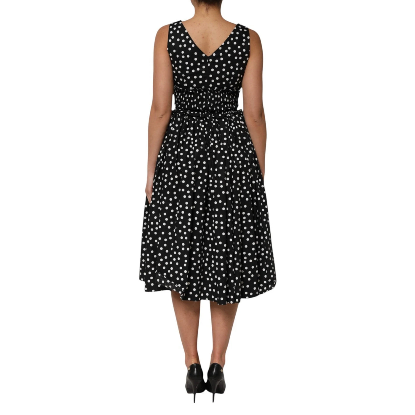 Dolce & Gabbana Black White Cotton Polka Dot Print V Neck Dress