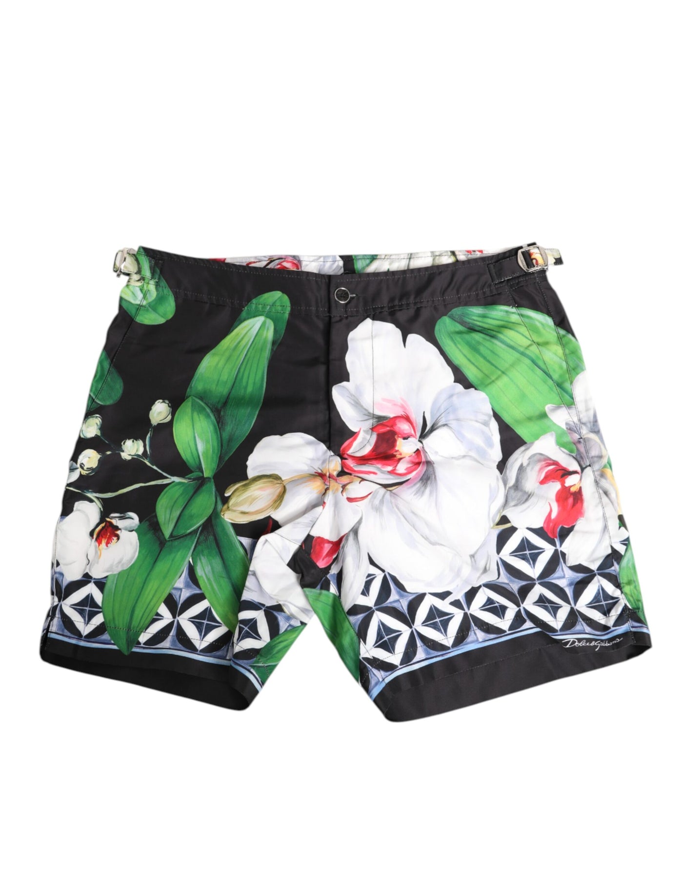 Dolce & Gabbana Black White Polyester Floral Orchid Print Shorts