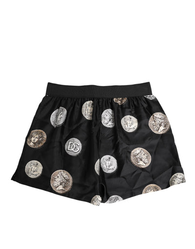 Dolce & Gabbana Black Silk Ancient Coin Print Boxer Short Swimwear