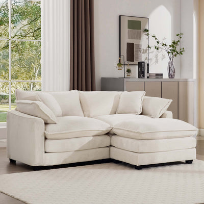 Light Beige Corduroy L-Shaped Two-Seater Sofa with Ottoman for Small Living Spaces