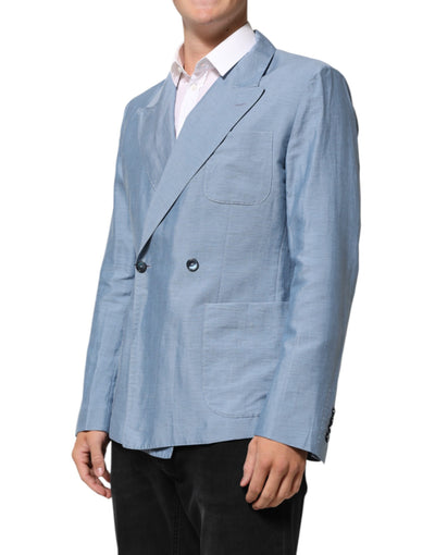 Dolce & Gabbana Light Blue Linen Double Breasted Men Jacket Blazer