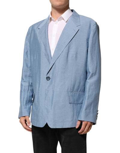 Dolce & Gabbana Light Blue Linen Double Breasted Men Jacket Blazer