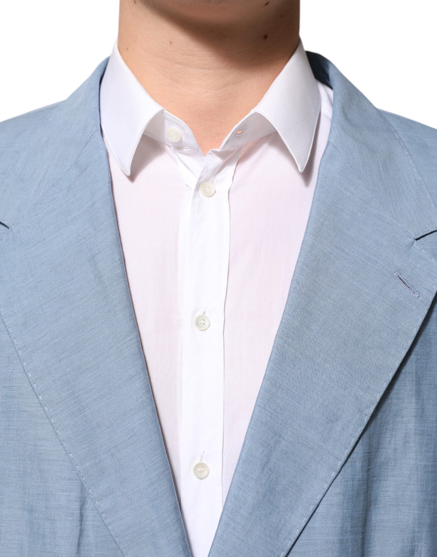 Dolce & Gabbana Light Blue Linen Double Breasted Men Jacket Blazer