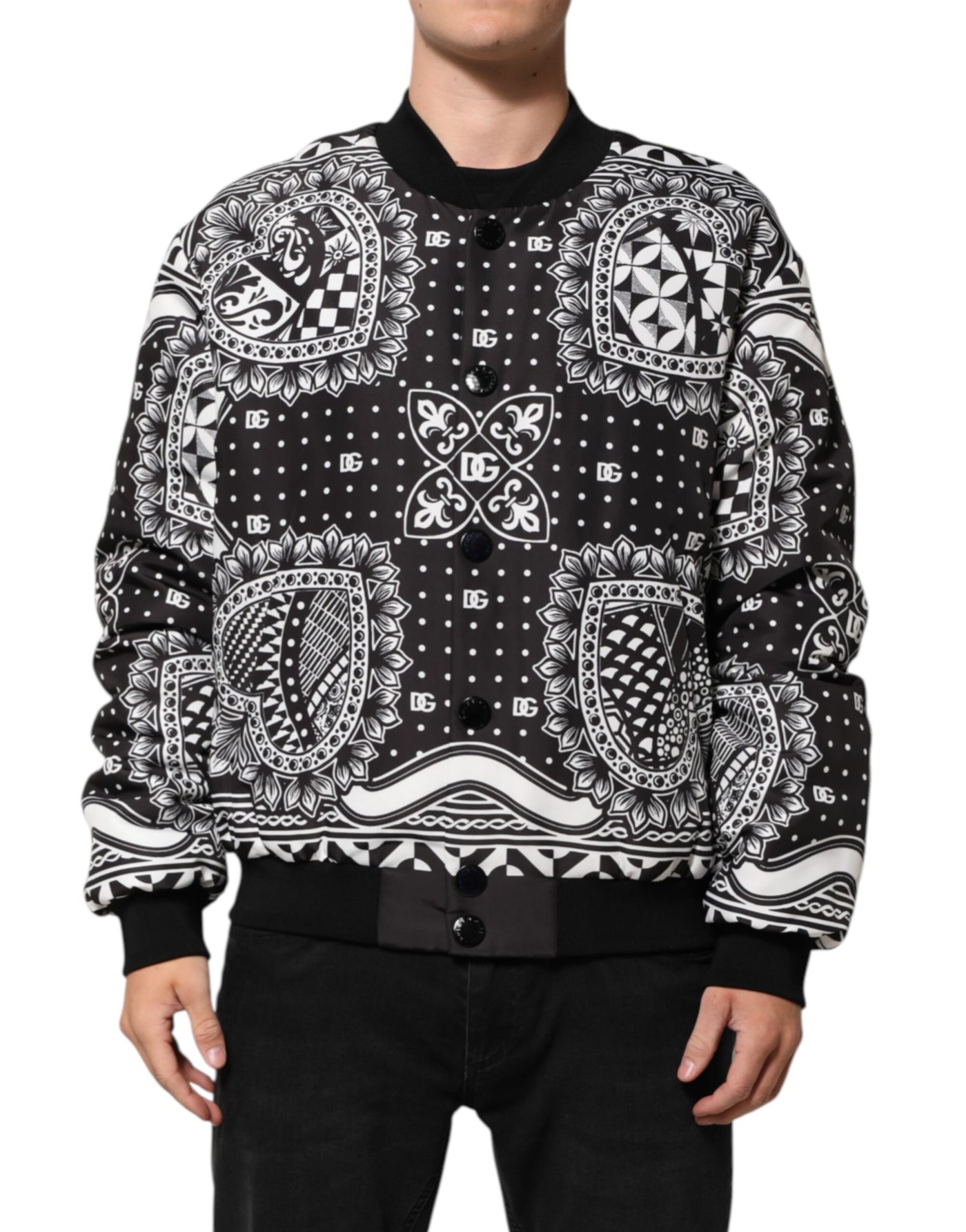 Dolce & Gabbana Black White Bandana Print Bomber Jacket