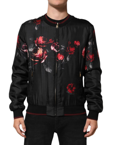 Dolce & Gabbana Black Red Floral Silk Bomber Blouson Jacket