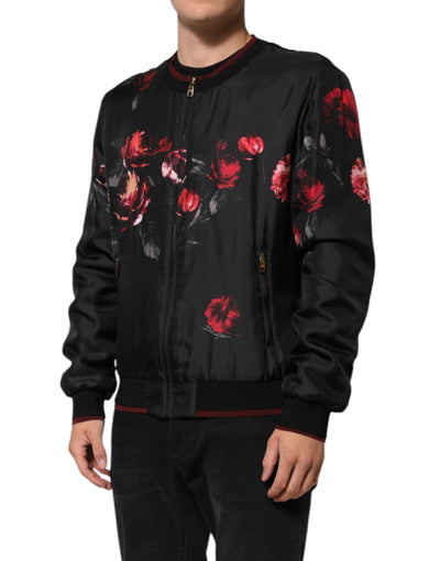 Dolce & Gabbana Black Red Floral Silk Bomber Blouson Jacket